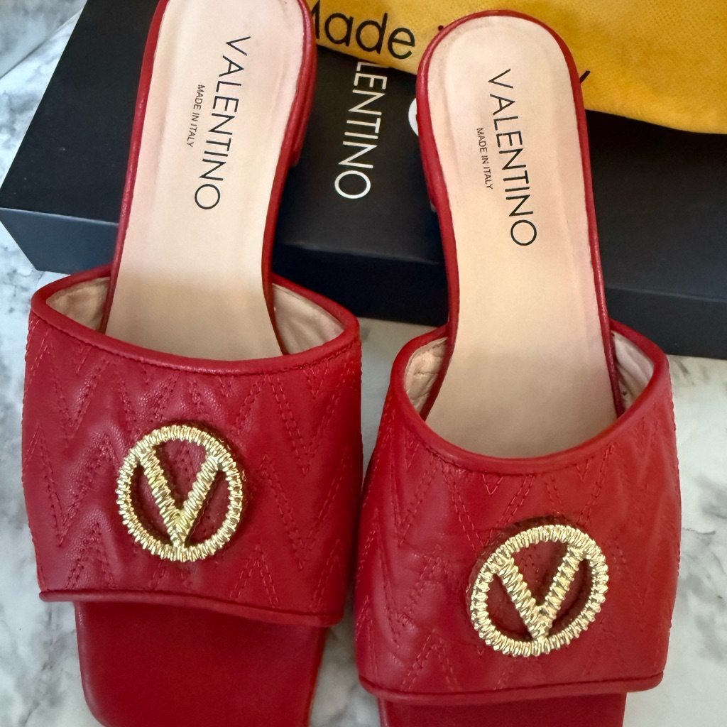 Valentino Red Quilted Mules With Gold Accent
